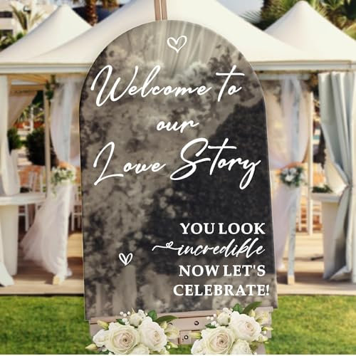 Signes de bienvenue de mariage, autocollants de mariage « Welcome to Our Love Story », décalcomanies miroir à selfie pour fête de mariage, panneaux « Just Married » pour signalisation de mariage Mr et