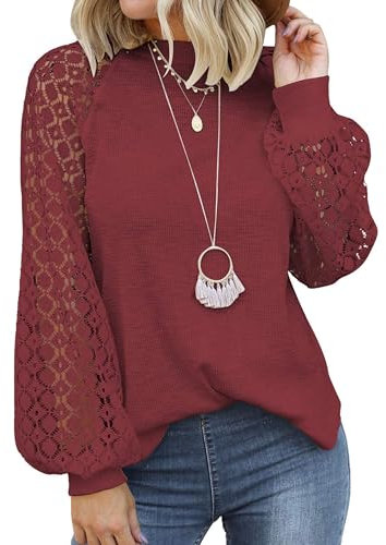 Zeagoo Womens Long Sleeve Tops Lace Plain Casual Blouses Loose Round Neck Elegant Shirts Wine Red