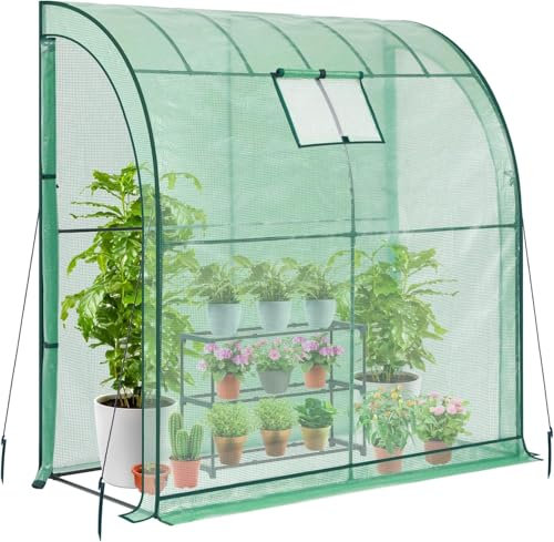 Walk-In Lean-to Wall Greenhouse - Heavy Duty Garden Plant Grow House with 2 Zippered Roll-Up Doors, Mesh Window & PE Cover - Outdoor Tunnel Growhouse with Steel Frame - L200 x W100 x H215cm