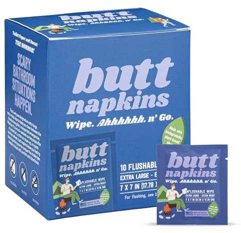 Butt Napkins - Water-Based Flushable Wipes, Individually Wrapped, For On-The-Go & Travel, Running, Camping, Festivals. Unscented & Hypoallergenic, Adult Sized (Camping, 10 Count (Pack of 1))