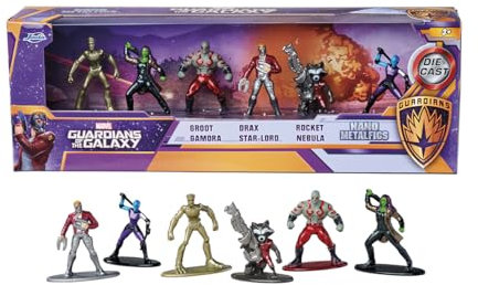 Jada Toys Guardians of The Galaxy Figuren (6 Stück) - 6er-Set Marvel Sammelfiguren (Gamora, Drax, Star-Lord, Rocket, Groot, Nebula) aus Metall für Fans und Kinder ab 3 Jahre, je Circa 4 cm
