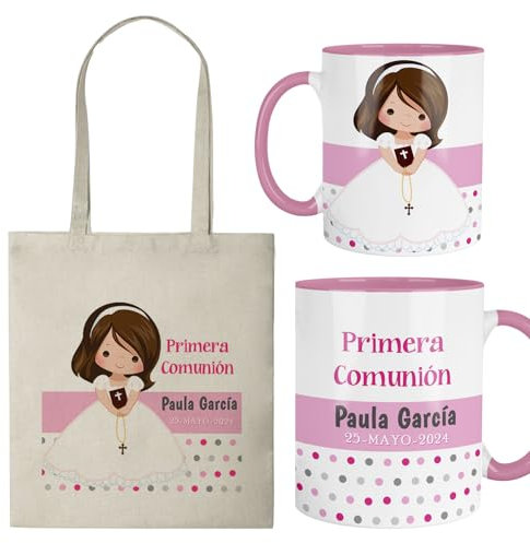 Kembilove Pack Primera Comunión Niña | Taza y Bolsa Personalizadas con Nombre y Fecha | Regalo Original para Invitados y Recuerdo de Comunión | Diseño Dulce y Emotivo para Niñas