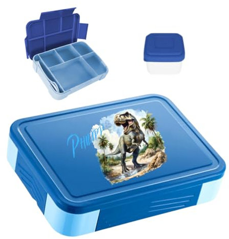 minimutz Brotdose Jungen personalisiert, Brotzeitdose Dinosaurier Trex Kinder mit vielen Fächern, Lunch Box mit Name BPA-frei auslaufsicher, Bento Box Set mit buntem Aufdruck (blau)