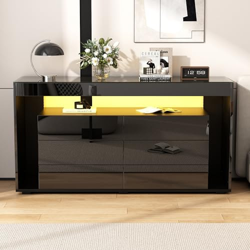 Kebnor Sideboard mit 6 großen Schubladen, mit Platte aus gehärtetem Glas, Doppellagiges Design mit großem Stauraum, geeignet für Wohnzimmer, Flur, Schlafzimmer, Büro, Schwarz