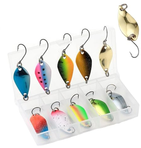 SIXHAOBU 10-teiliges Löffel-Forellenköder-Set,Spoons Forelle in 3 Gewichten (2,5g/3,5g/5,5g),Forellenköder, Angellöffel, Köder mit Tackle-Box, Einzelhaken für Forellen Barsch Angeln, Angelausflüge
