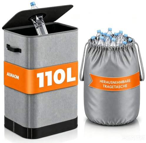 AIUNAOM 110L Poubelle de Recyclage avec Trou, Collecteur de Bouteilles avec Sacs de Transport,Poubelle Tri Selectif pour Plastique Bouteilles Verre et Couvercle, Poubelle Cuisine Rangement