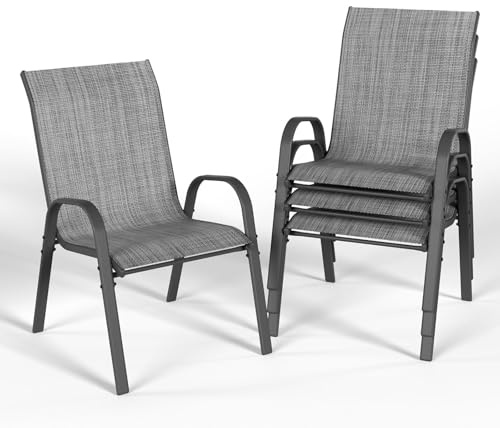 UDPATIO 4er Set Gartenstühle Stapelbare, Stapelstühle aus Textilene,55cm Breiter Hochlehner Gartenstuhl, Atmungsaktive Terrassenstühle für Balkon, Terrasse, Garten, Grau