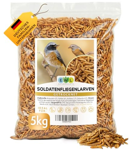 EWL Getrocknete Soldatenfliegenlarven 5kg (32,5L) | Vogelfutter Fischfutter | Nahrhaftes Igelfutter & Insektensnack für Wildvögel, Schildkröten, Reptilien & Nager | Ganzjährige Fütterung | Proteinquelle