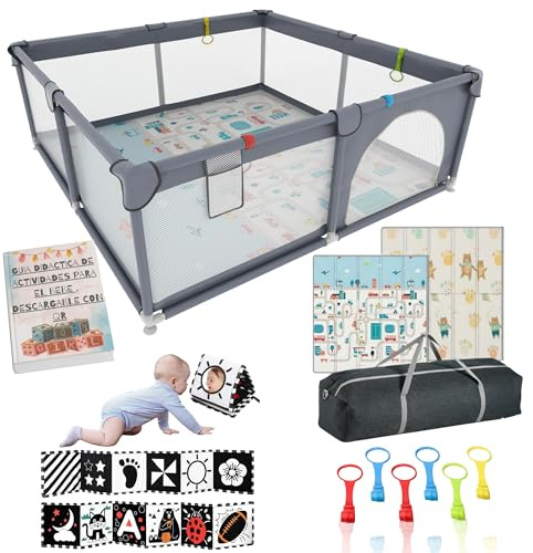Solaraa Corralito Bebé XL 150×180 cm + Alfombra Acolchada Reversible+6 Asas de Agarre + Bolsa de Transporte | guia didactica infantil+Contraste Libros de Tela Bebé