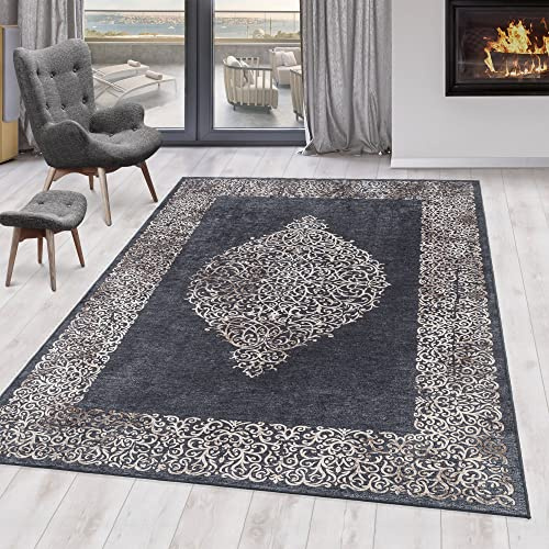 KADIMA DESIGN Flachgewebeteppich Barock-Muster Klassisch Pflegeleicht Waschbar Strapazierfähig Schwarz 80x150 cm Wohnzimmer Schlafzimmer Fußbodenheizung geeignet Gekettelt Flur Oeko-TEX | PIZOL