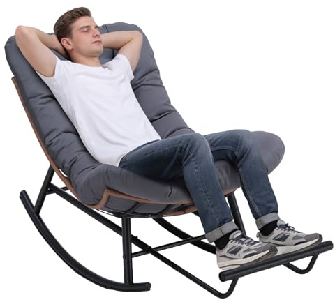 COMHOMA Outdoor Rocking Chair with Thick Cushion, Patio Rattan Wicker Rocker Chair, 360° Swivel Papasan Lounge Chair with Metal Frame, Recliner for Garden, Backyard, Balcony, Living Room