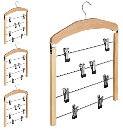 4 x Rockbügel mehrfach, Hosenbügel Holz, 360° drehbarer Haken, Kleiderbügel rutschfest, HBT 45,5x39x2,5 cm, Silber/Natur