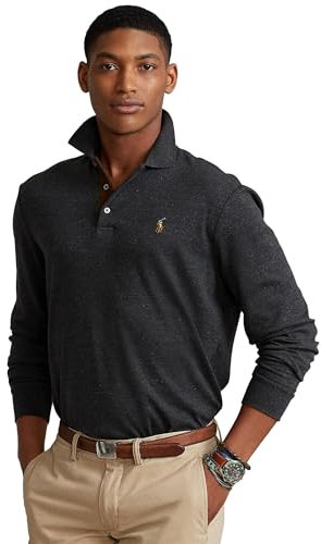 POLO RALPH LAUREN Men's Long Sleeve Polo Shirt, Black Marl Heather, XXL