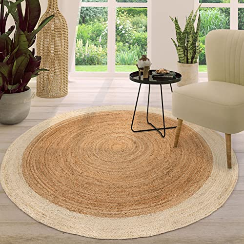 TT Home Jute Teppich Rund Wohnzimmer Esszimmer Boho Modern Handgemacht Mit Umrandung, Farbe: Elfenbein, Größe:100 cm Rund