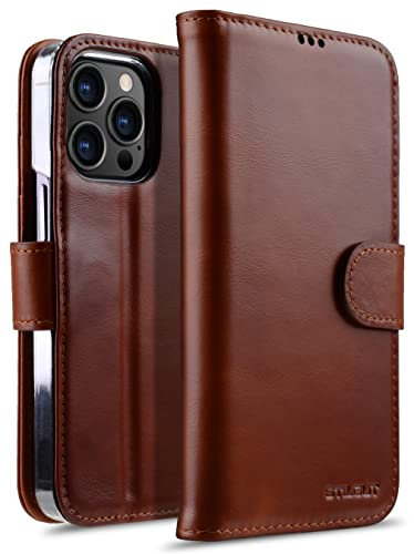 STILGUT Talis kompatibel mit iPhone 13 Pro Max (6.7“) Hülle mit Kartenfach aus Leder, Flip Cover, Wallet Case, Handyhülle mit Fächern, Standfunktion & Verschluss - Cognac Nappa