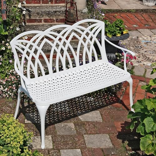 Lazy Susan April Gartenbank in Weiß, Terrakotta Sitzkissen | Sandguss-Aluminium | Wetterfest | Rostfrei | Wartungsarm | 3 Jahre Garantie…
