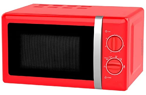 Suinga Microonde con 20 litri di capacità, funzione scongelamento, colore rosso, consumo massimo 1150 W con potenza di 700 W.