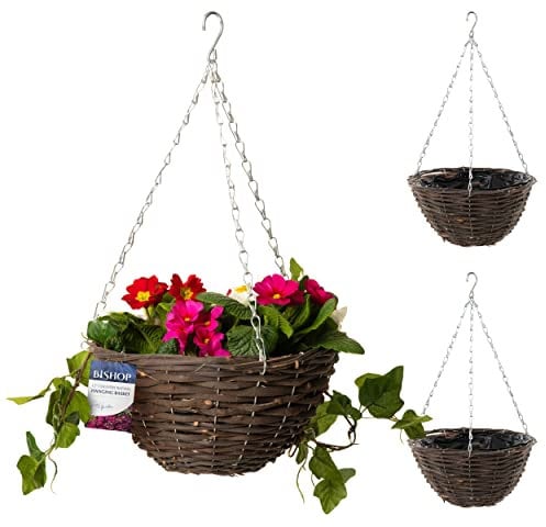 Bishop Rattan Hanging Baskets Outdoor — Dark Wicker 12 inch Hanging Basket With Liner — Perfect Gardening Gifts For Women — Great Looking Garden Decorations Outdoor Garden Planters