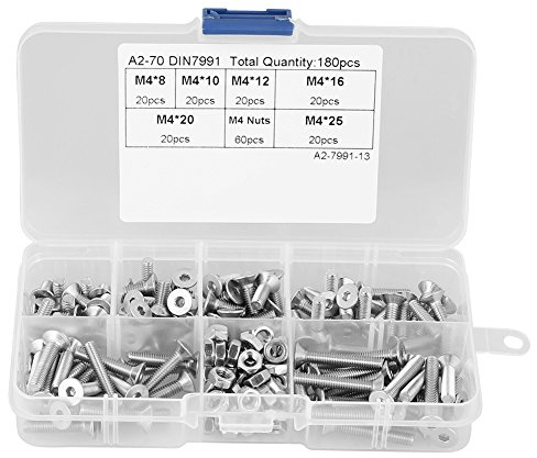 180 Pz M4 304 In Acciaio Inox Svasato M4 Bulloni Esagonali Bulloni a Testa Piatta Viti Dadi Assortimento Kit con Strong Box