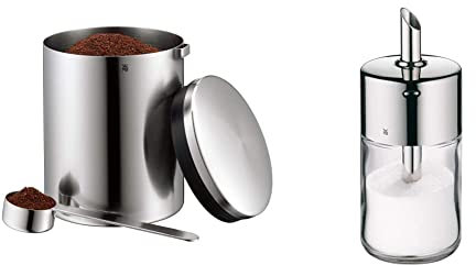 WMF Kult Tee- Kaffeedose für 500g, spülmaschinengeeignet & Barista Zuckerstreuer 240g, Glas, Cromargan Edelstahl poliert, ideal für weißer/brauner Zucker, Kakao oder auch als Gewürzstreuer