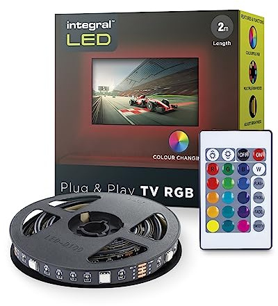 Integral LED 2m USB Strip Light for 32-58in TV or Screen, Plug & Play RGB Backlight, Colour Changing, Dimmable with IR Remote Control - Adjustable Colour and Brightness