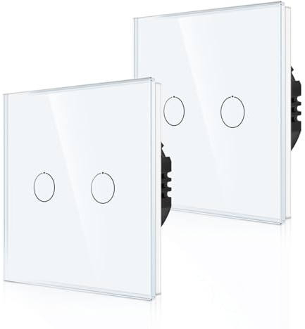 CNBINGO Touch - Juego de 2 interruptores de luz empotrados en color blanco - Interruptor de pared doble con LED de estado y panel de cristal - No requiere cable neutro - Interruptor táctil de 2 vías -