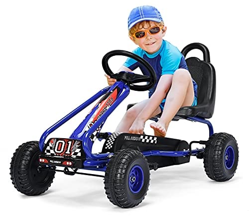 DREAMADE Gokart mit Handbremse & verstellbarem Sitz, Tretauto Tretfahrzeug mit geschlossenem Kettenkasten & Vor- und Rückwärtsgang, Pedal Go Cart für Kinder 3-6 Jahren, bis 30 kg belastbar (Blau)