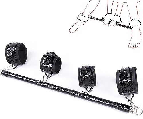Spreader Bar Handschellen Fuß Manschetten Slave Manschetten BDSM Bondage Fesseln Handgelenk und Fuß Bondage Set Schwarz (Stahlrohr+Handschellen+Fußfesseln)