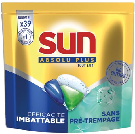 SUN - Absolu Plus Pastilles Lave-Vaisselle Tout en 1 Bio-Enzymes - 39 Capsules - sans prétrempage - tablettes imbattables sur les taches tenaces