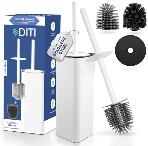 DITI Klobürste Silikon Weiß – Edelstahl WC-Bürste Rostfrei – Quadratische Toilettenbürste mit Halter & Spritzschutz Inkl. 2 Bürstenköpfe – Antibakterielle Klobürste Eckig - Klobesen - Toilet Brush