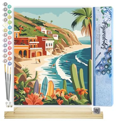 Figured'Art Peinture par Numéro Adulte avec Cadre Surf côtier - Activité Manuelle Kit de Loisir Créatif DIY Numéro d'Art Complet - 40x50cm avec châssis en bois à monter