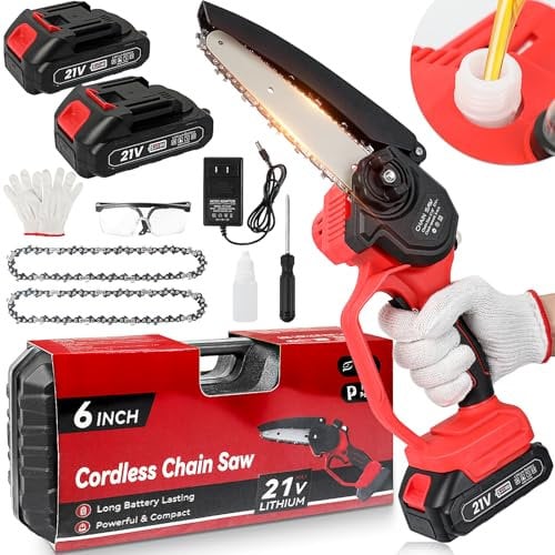 Akku Kettensäge 6 Zoll, Mini Kettensäge Mit 800W Motor, Werkzeugfreie Montage/Ölsystem/Sicherheitsverschluss, Handgehaltene Elektrische Kettensäge 2*2000mAh Batterien Zum Schneiden Von Bäumen Und Holz