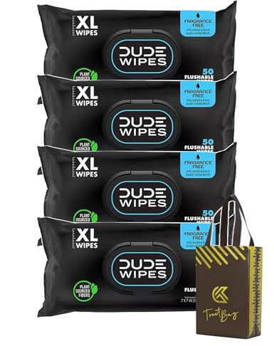 DudeFlushable Wipes: | Adult Fresh Feel Flushable Wet Wipes | Comes with Gift Trove Bag and Magnetic Clip | 4 Pack - (200 Total Wipes)