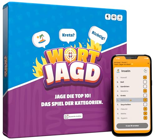 Wortjagd - Jage die Top 10, Kategorien Duell - Allgemeinwissen Quiz für Freunde & Familie, Brettspiel mit App für 2-12 Spieler, Partyspiel mit Tempo