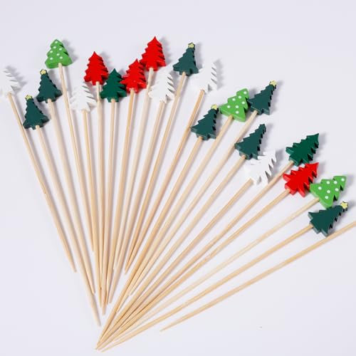 Gosknor 100 Palillos Navideños para Cócteles, 5 Estilos de Palillos para Árboles de Navidad Palillos de Dientes Elegantes para Cócteles para Verduras, Frutas, Bocadillos, Postres y Aperitivos