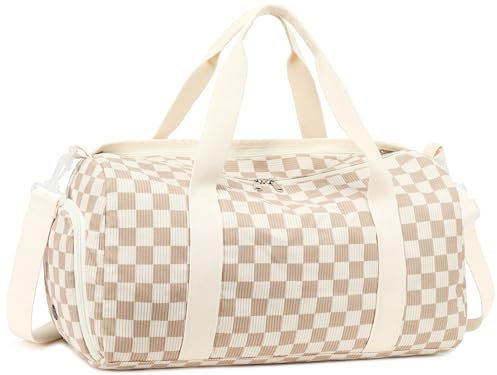 LEDAOU Sporttasche Kinder, Schwimmtasche, Reisetasche, Schuhfach, Nassfach (Braunes Weißes Gitter)