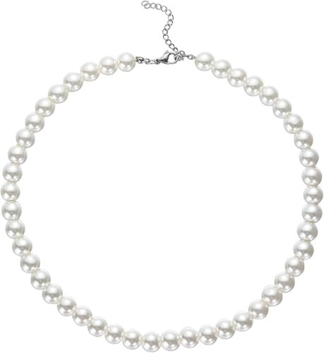 RWQIAN Perlenkette Damen 10mm Weiße Faux Perlen Kette Frauen Choker Perlenkette Halskette 18 Perlen Schmuck Geschenke für Teenager Mädchen