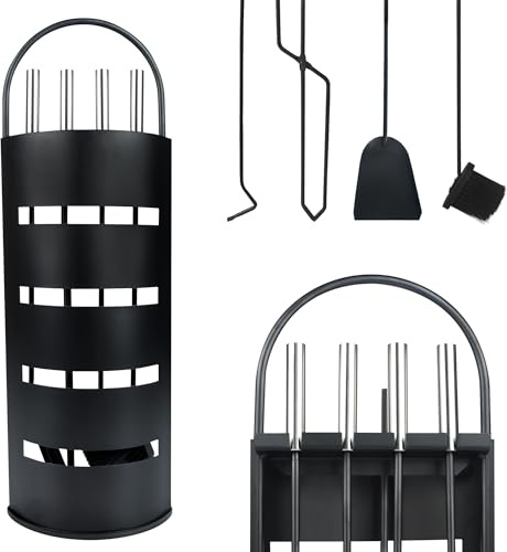 PEILU Edelstahl Kaminbesteck 5-Teilig Hitzebeständig Ofenbesteck Set Kaminofen Besteck inkl. Schürhaken, Ascheschaufel, Kaminbesen, Zange & Ständer Kamingarnitur für Ofen Kamine Feuerschalen (Schwarz)