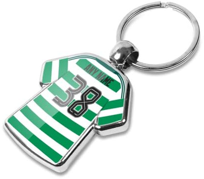 Graphics 'n' Tees Personalised football keyring suitable for Celtic fc fans, featuring the 25 team shirt design, personalise with any name and number