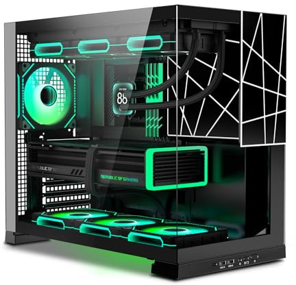 ATX Gaming PC Case, Mid Tower Computer case with Dual Chamber for Cable Management, 270° Panoramic Unique Desktop Chassis, Rear ARGB Fan pre-Installed, for BTF ATX/MATX Mobo, 360 AIO, Black/Green