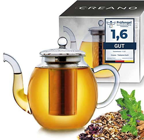 Creano Teekanne aus Glas 1,5l mit Edelstahl-Filter - Glasteekanne mit Edelstahl-Sieb und Glas-Deckel - Dobin-Teekanne Ideal zur Zubereitung von Losen Tees - tropffrei