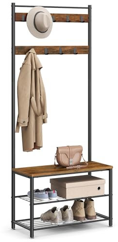 VASAGLE Coat Rack, Hall Tree with Shoe Storage Bench, Entryway Bench with Shoe Storage, 3-in-1, Steel Frame, for Entryway, 12.6 x 27.6 x 68.9 Inches, Industrial, Rustic Brown and Black UHSR41BX