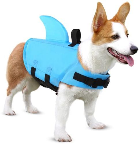 SUNFURA Pet Schwimmweste, Hund Badeanzug mit Haifischflosse, Schwimmen Float Saver mit überlegenen Tarier- und Rettungsgriff für große Hunde XS Blau