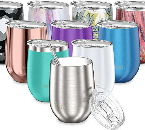 THILY Weinglas mit Deckel und Strohhalm, isoliert, 340 ml, dreifach wandig, isoliert, Edelstahl, hält kalt oder heiß für Wein, Kaffee, Cocktails und Getränke 12 oz silber