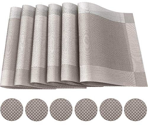 Time to Sparkle Set of 12 PCS Vinyl Woven 6pcs Placemats + 6pcs Coasters Place Mats Non slip Table Mats Waterproof Heat-resistant Dining Table Mats Decor (Grey)