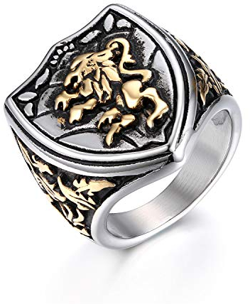 JewelryWe Schmuck Retro Herren-Ring Edelstahl Löwe Schild König Krone Biker Ring Siegelring Band Bandring mit Gravur Gold Silber Größe 54