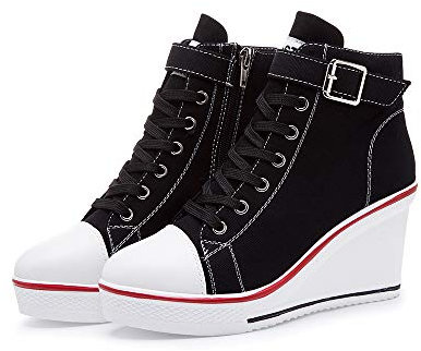 High-Top-Keilschuhe für Damen, EU-Größe 35-43, Leinen, Casual-Stil, für Frühling / Sommer, Keilabsatz, Schwarz - 09 Schwarz - Größe: 36 EU