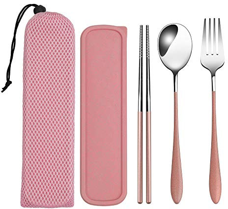 loopki Portable Reusable Travel Cutlery Set,Stainless Steel Cutlery Set Portable Camp Reusable Flatware Silverware,Include Fork Spoon Chopsticks with Case (Pink)