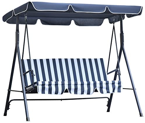 Outsunny 3 Seater Garden Swing Chair with Adjustable Tilting Canopy, Outdoor Hammock Bench with Steel Frame, Padded Seat for Patio Yard Outside, Blue