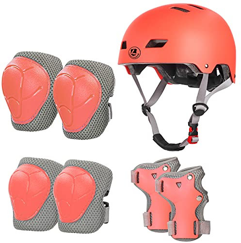 LANOVAGEAR Kinderhelm mit Knieschützern, Ellbogenschützern und Handgelenkschützern, 7-in-1-Schutzausrüstung Schonerset 2-8Jahre, für Skateboard, Fahrrad, Scooter, Rollschuh (Orange, S)